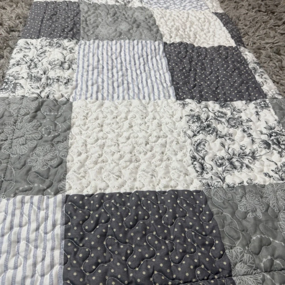 Patchwork Quilted King Pillow Sham Grey White Blue Floral Striped one